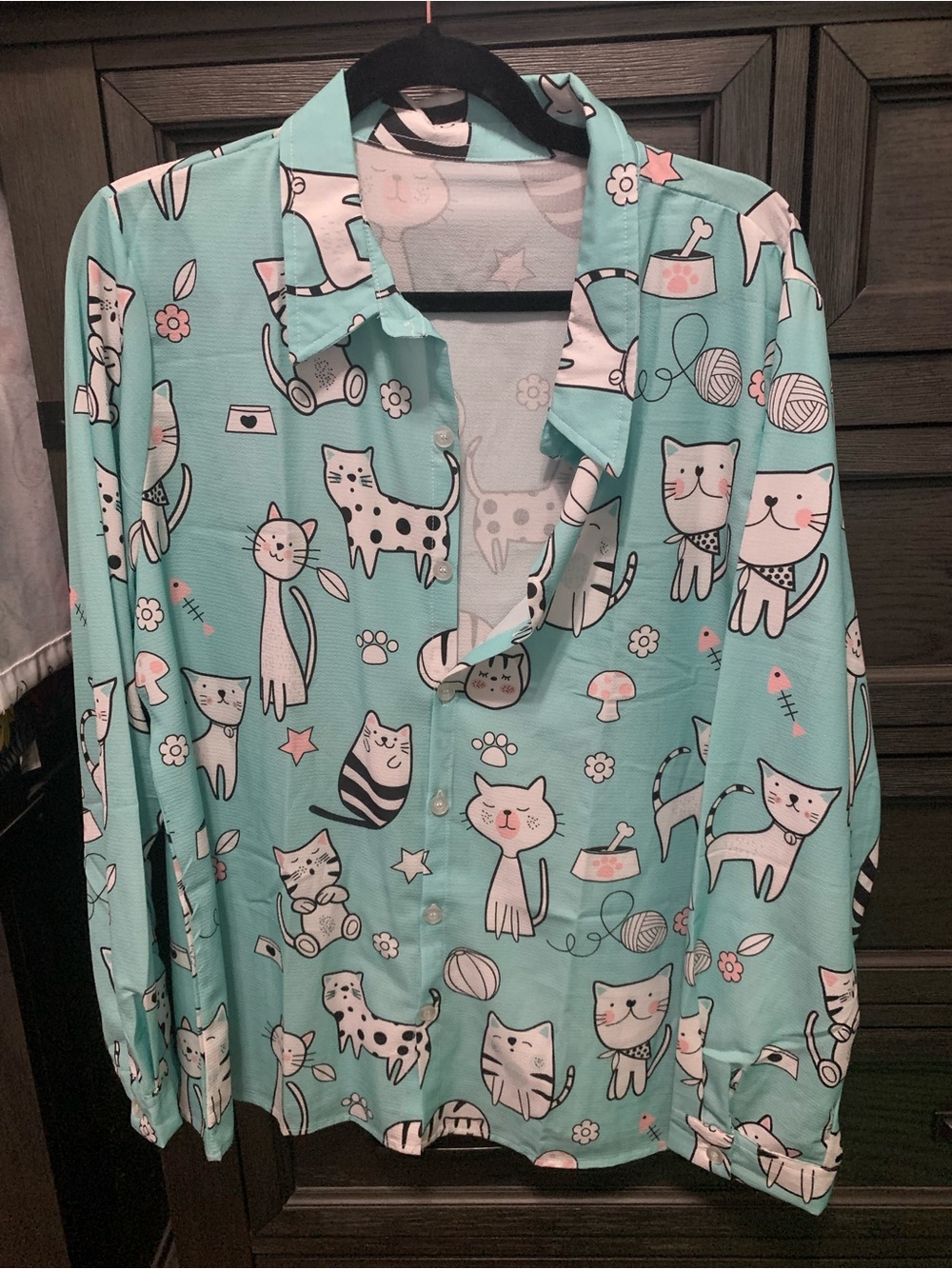 Kids' Mint Cat-Print Button-Up Shirt